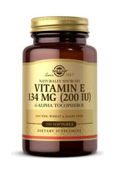 Solgar Vitamin E 134 mg (200 IU) d-Alpha Tocopherol in a bottle of 100 softgels for antioxidant support.